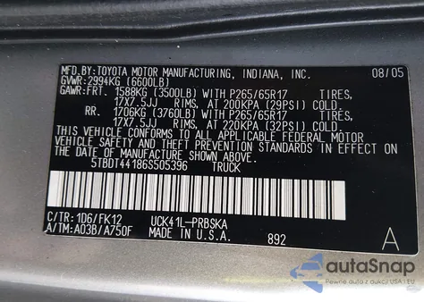 2006 Toyota Tundra Sr5 V8 z USA, uszkodzony, nr VIN 5TBDT44186S505396